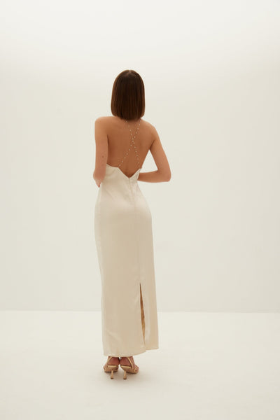 Aubrey Satin Halter Dress - Buttermilk Ivory - HERVANR Official