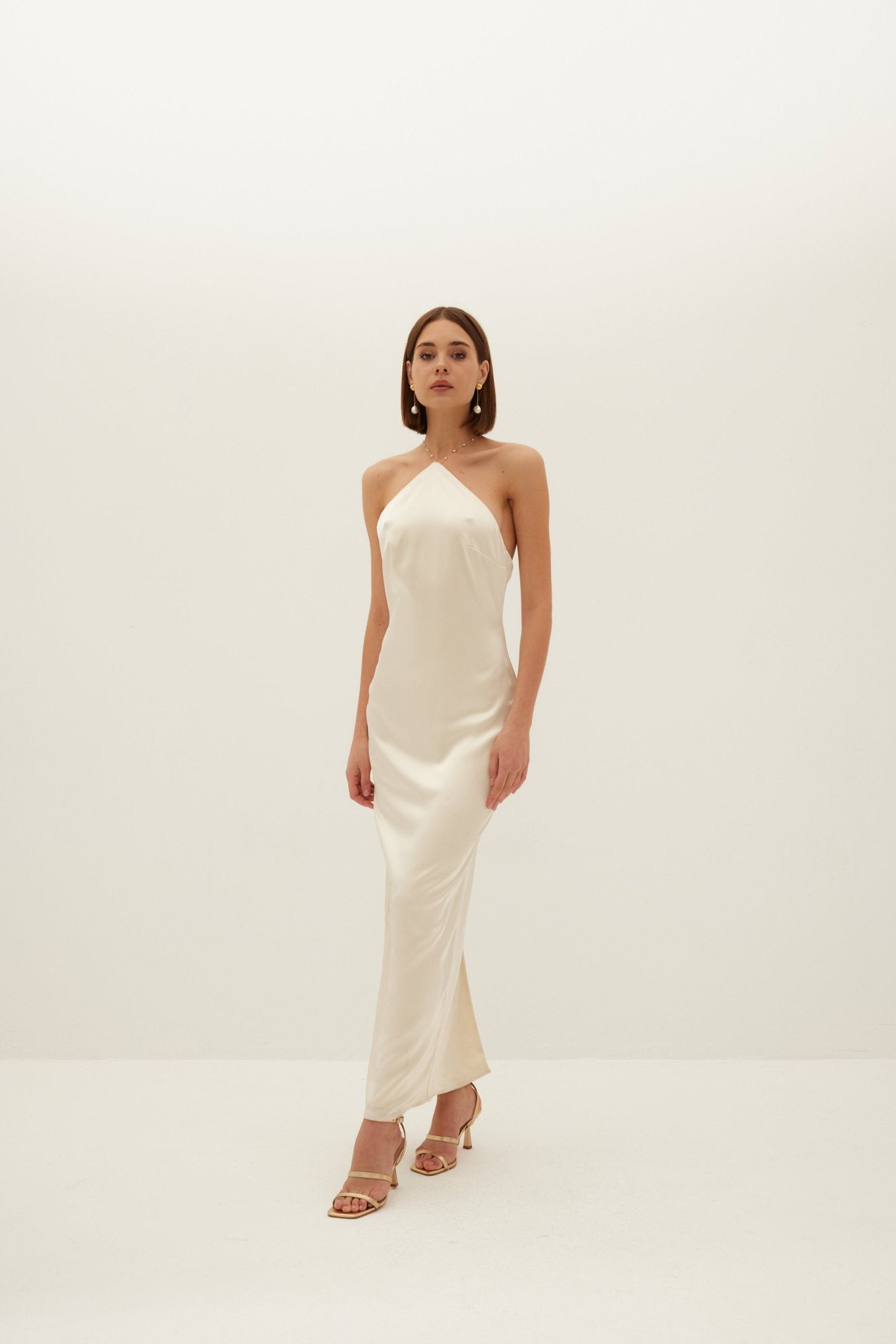 Aubrey Satin Halter Dress - Buttermilk Ivory - HERVANR Official