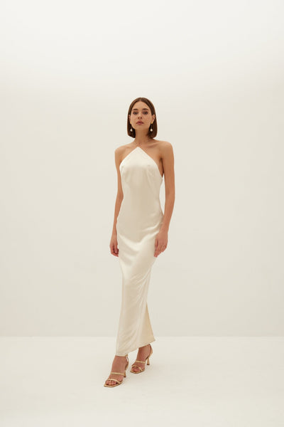 Aubrey Satin Halter Dress - Buttermilk Ivory - HERVANR Official
