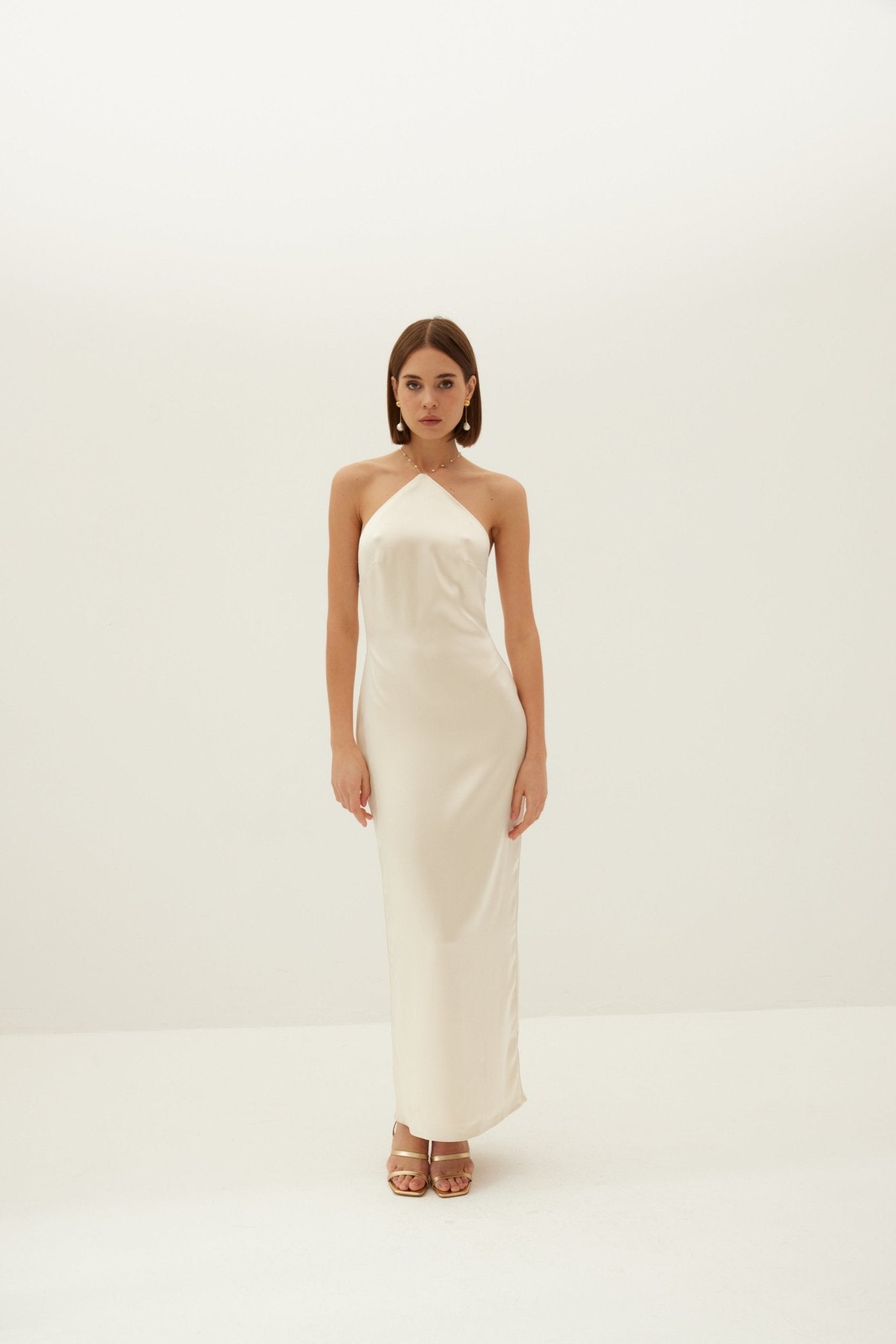 Aubrey Satin Halter Dress - Buttermilk Ivory - HERVANR Official