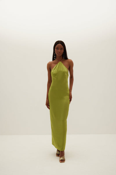 Aubrey Satin Halter Dress - Green - HERVANR Official