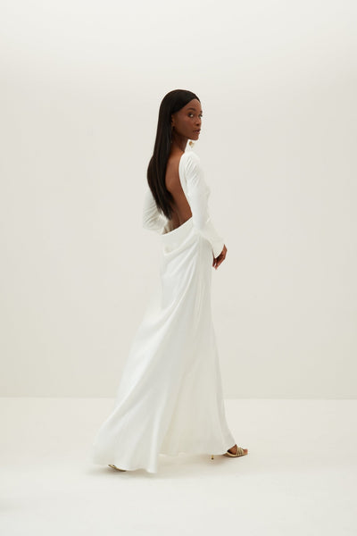 Dahlia Backless Bridal Satin Maxi Dress - Off-White - HERVANR Official