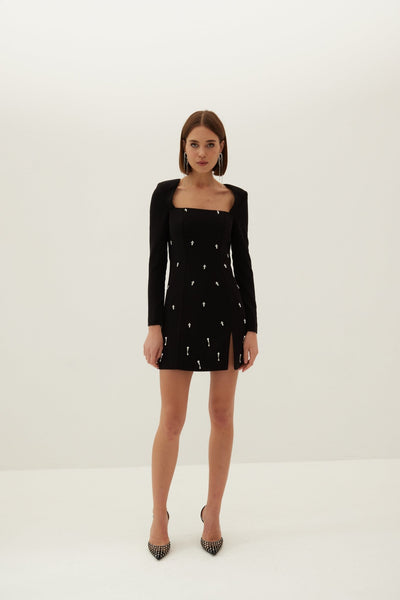 Esma Crepe Crystal Embellished Mini Dress - Black - HERVANR Official